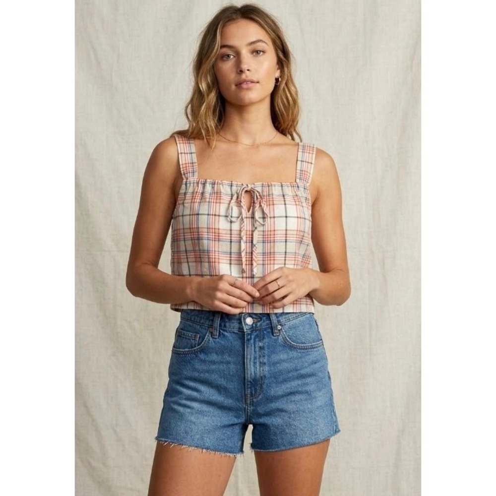 RVCA Womens Plaid Smocked Back Crop Top Front Tie Camisole Orange Blue Small